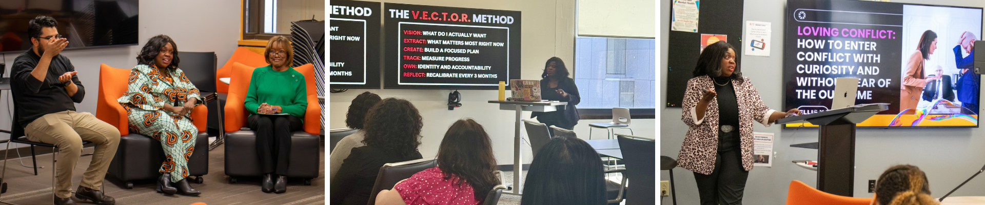 Three photos of a woman presentign at different workshops
