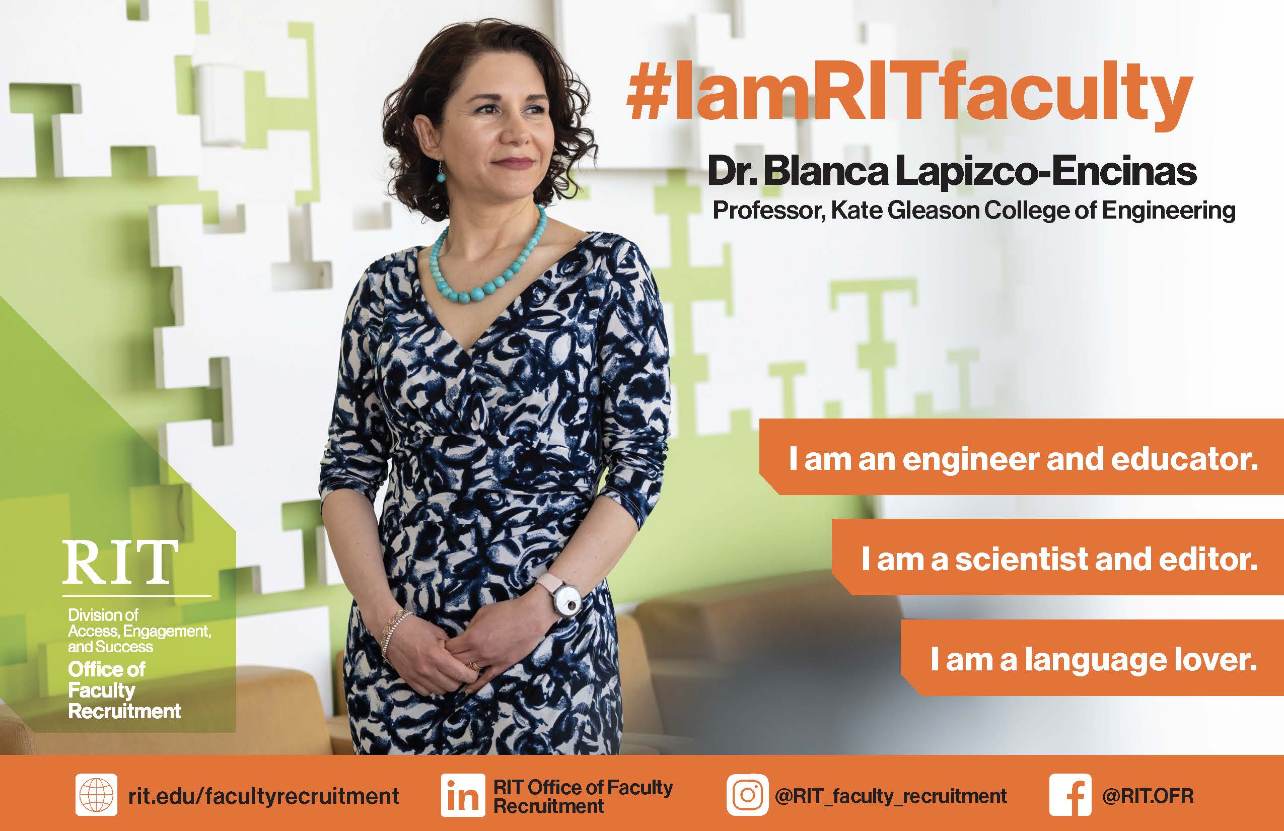 Woman standing against a desk with text overlay
