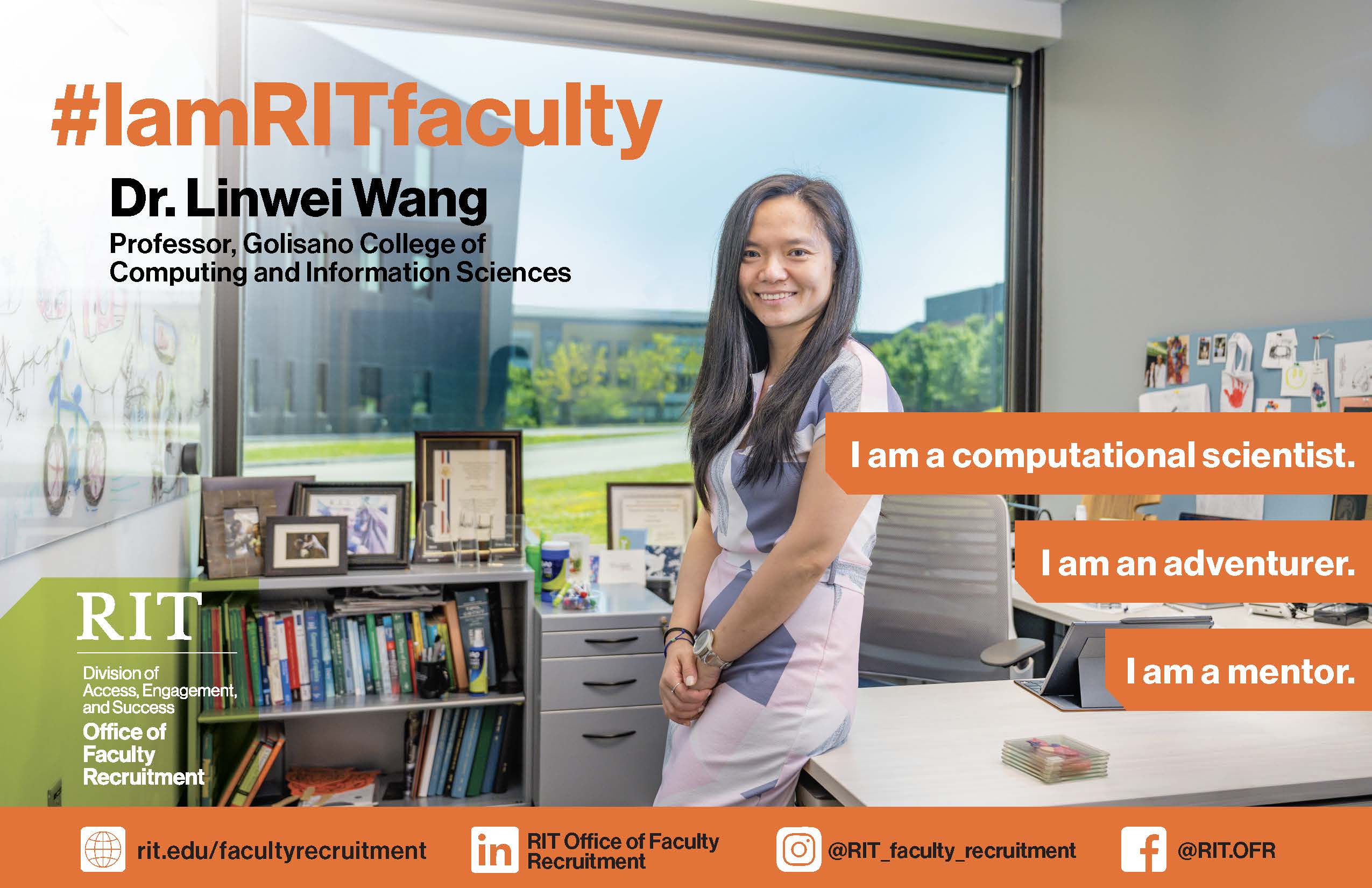 Woman standing at a desk with text overlay