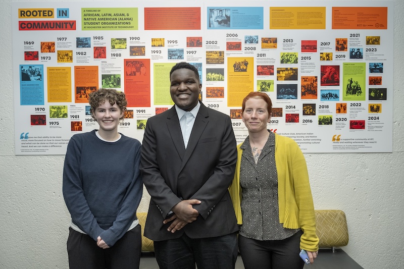 Three people in front of a timeline