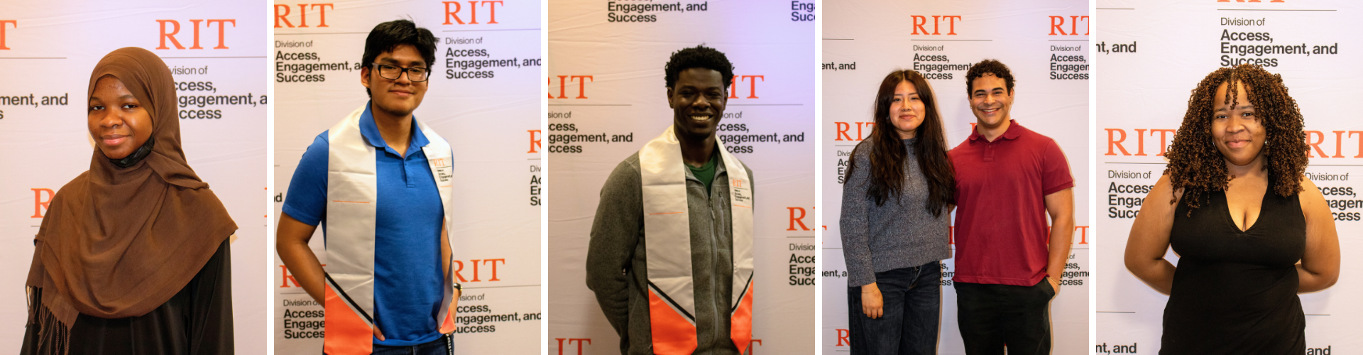 Collage of photos of graduates infront of a backdrop