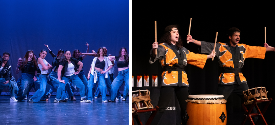 action shots of a dance group and a drumming group 