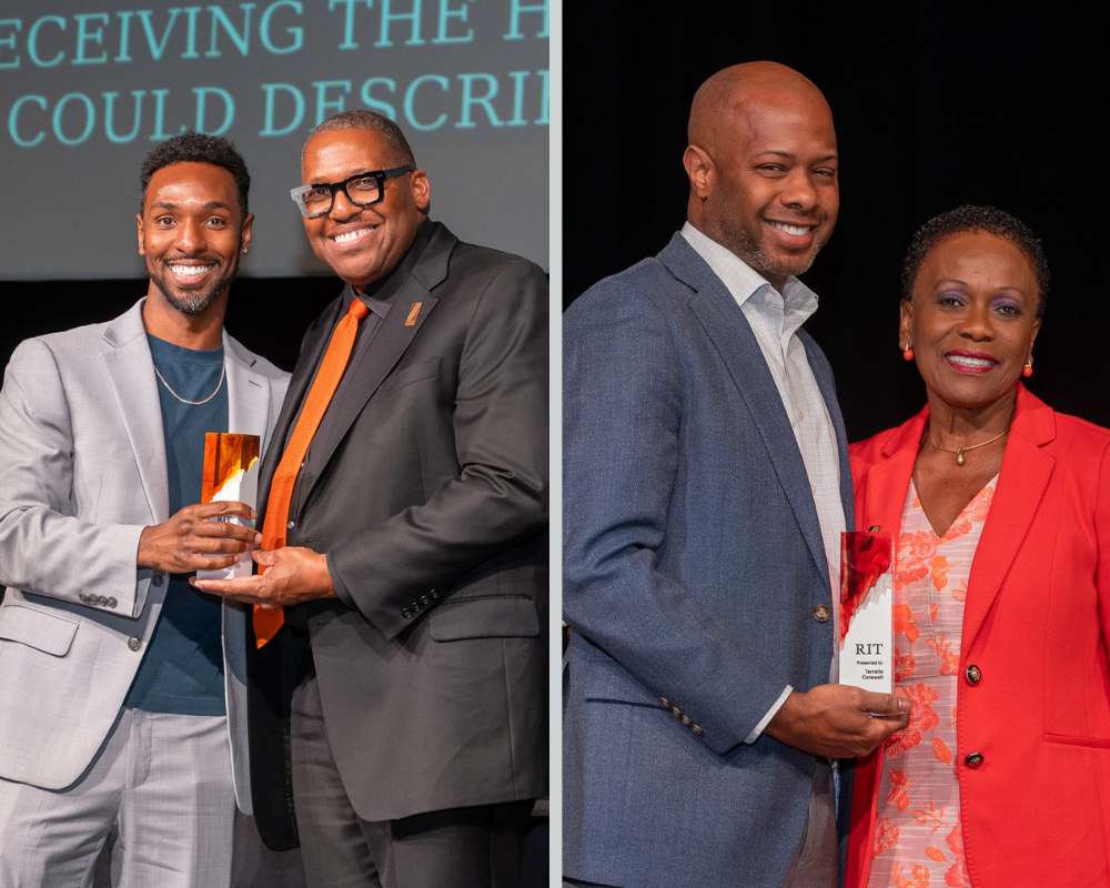 Two photos of people getting an award on stage