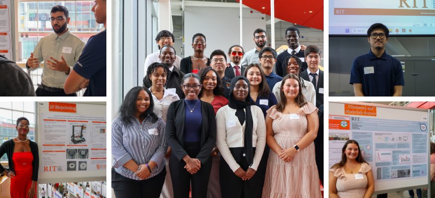 Collage of photos of people presenting research and one group photo