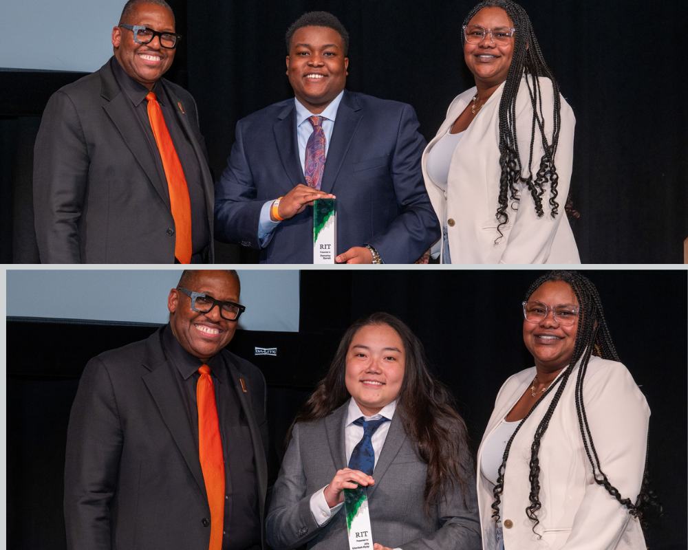 Two photos of people getting awards