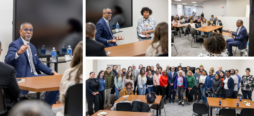 Collage of photos of a man speaking in front of a classroom of students