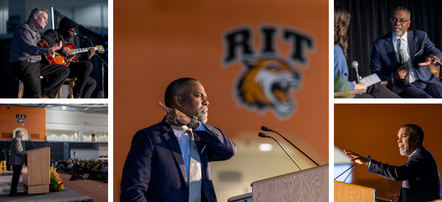 Collage pf photos of speakers and performers on a stage