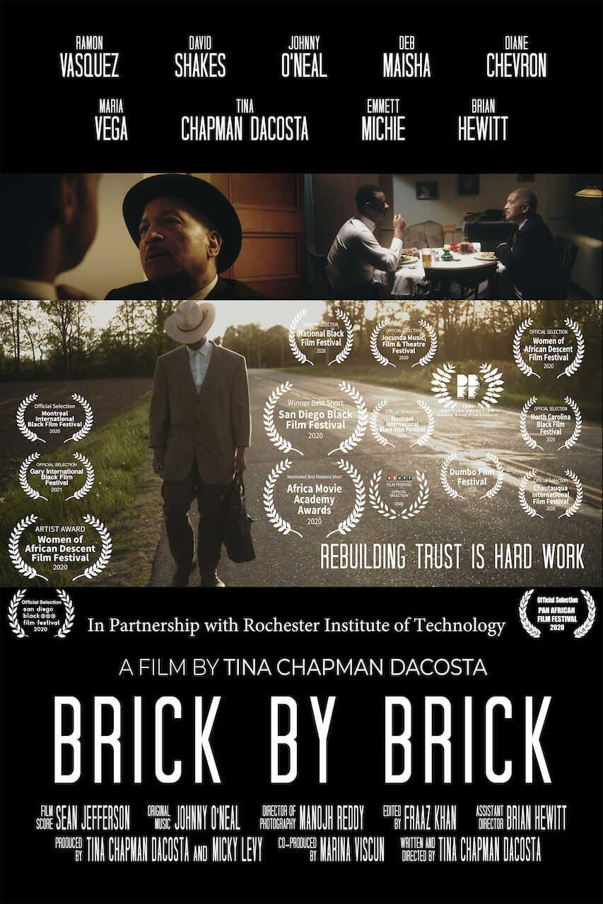 Poster for Brick by Brick, showing a variety of awards and the cast names.