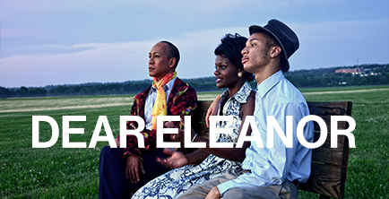 photo of people on bench in field with white text overlay