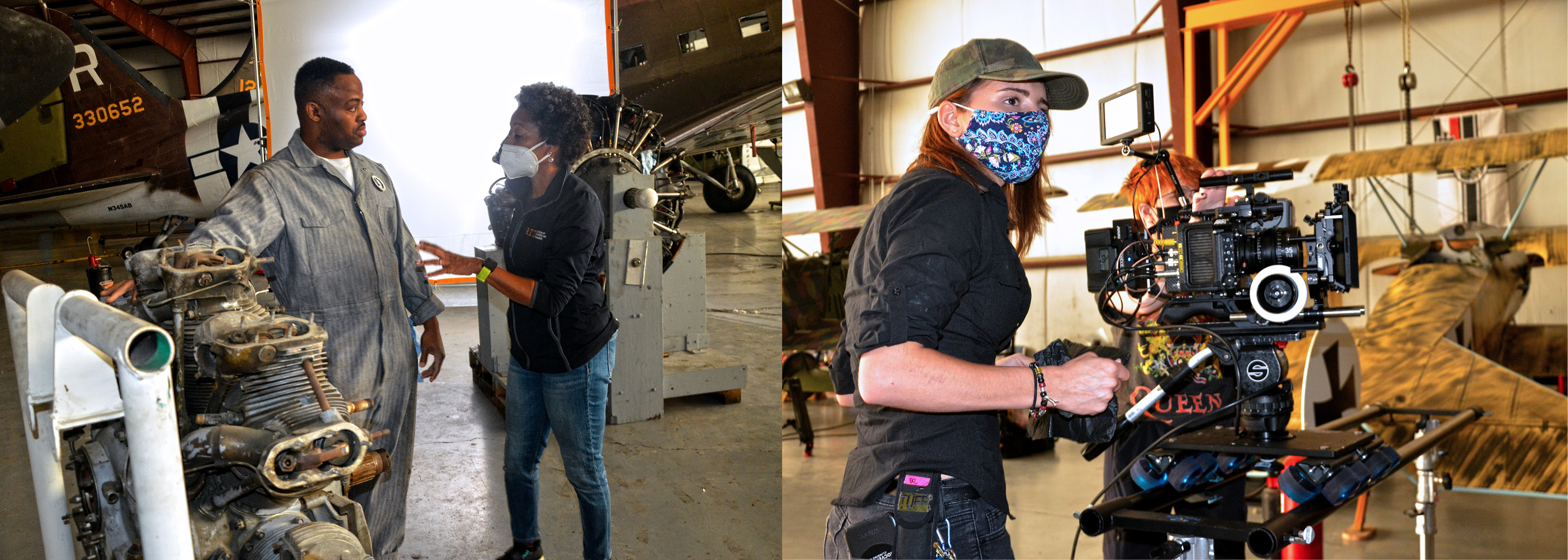 two photos of people on the movie set