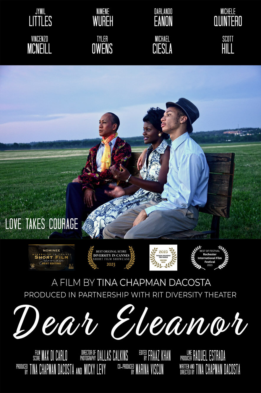 Poster for Dear Eleanor, showing three people sitting on the bench in front of a sunset.