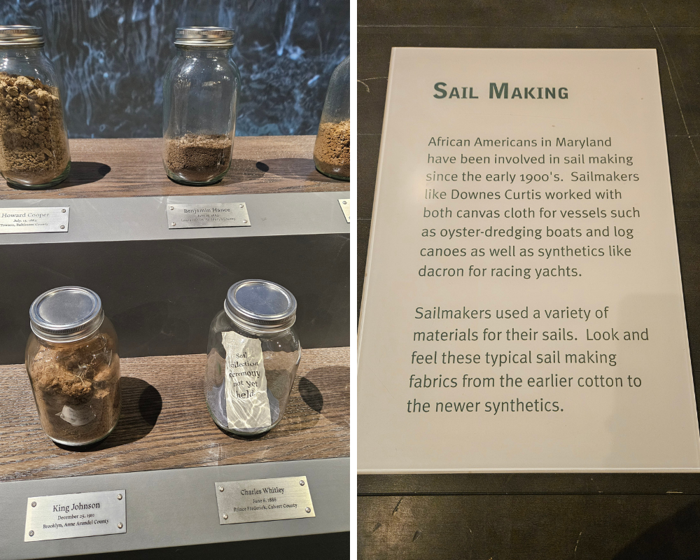 Two photos. One of jars with soil and the other is a sail making information plaque