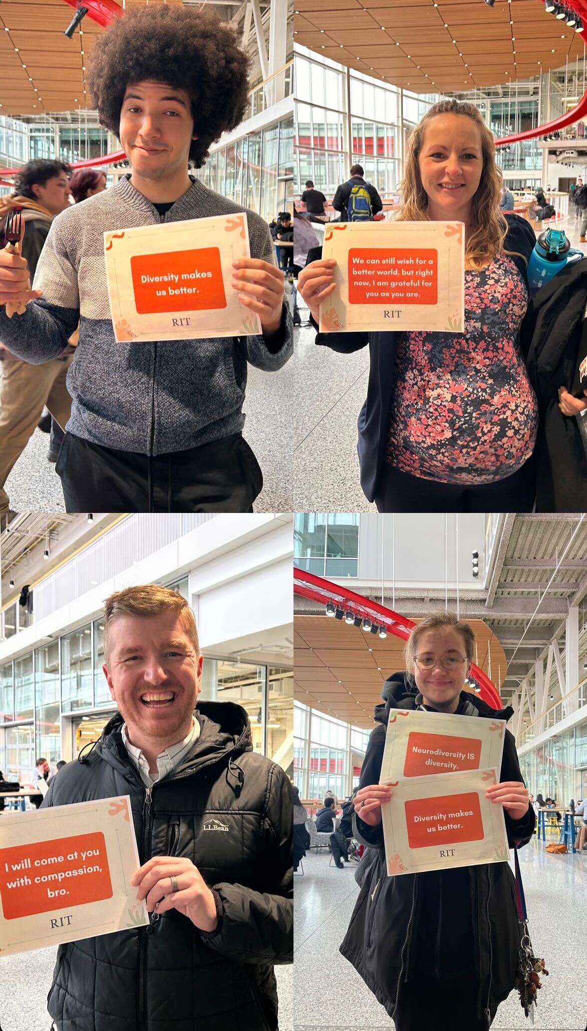 four photos of people holding signs