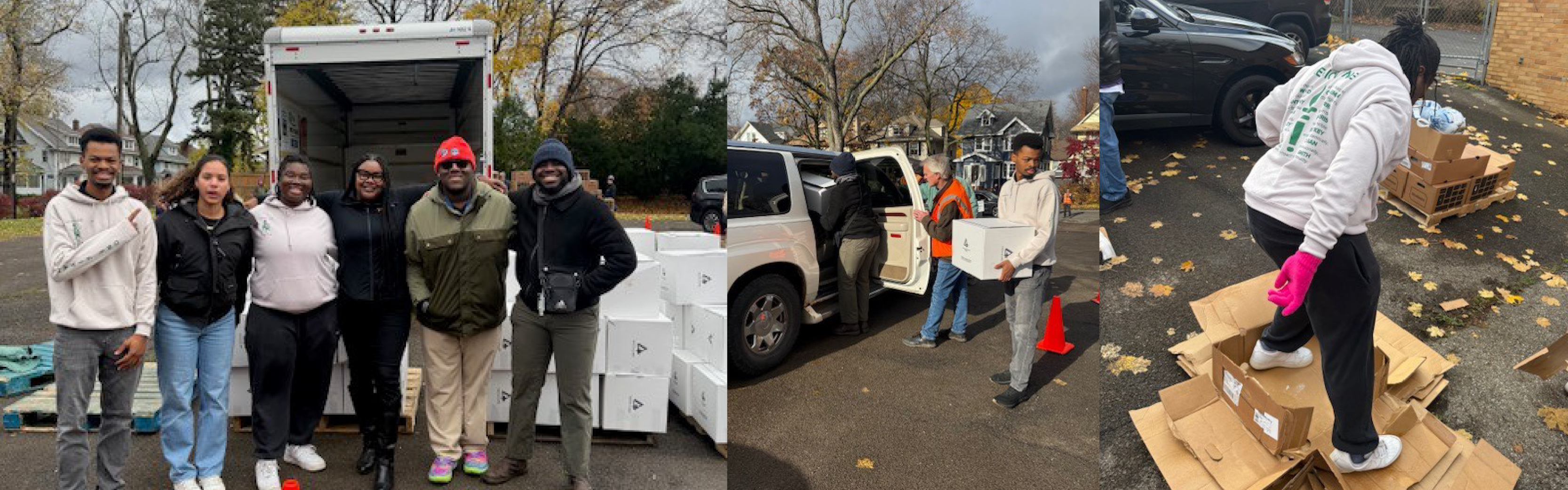 Three photos of students outside volunteering