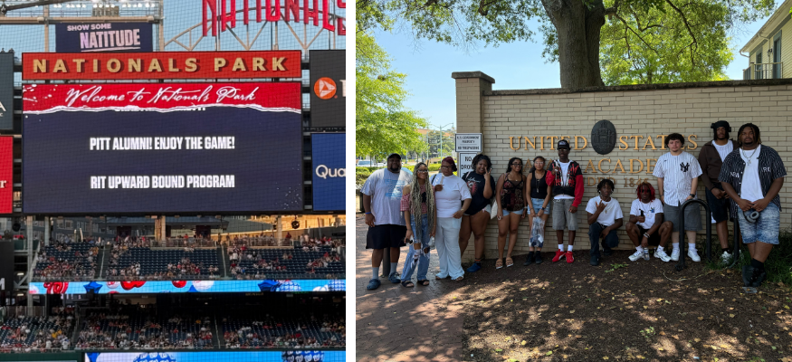one photo of a baseball game and one group photo of students in fron tof a sign 