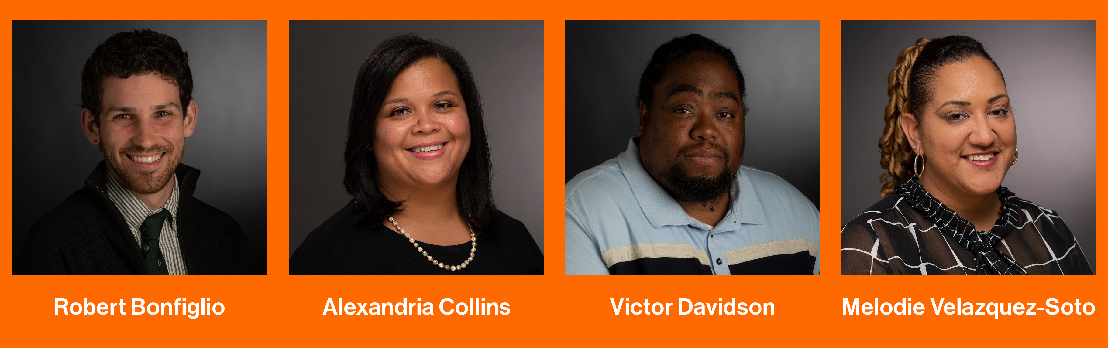 four square headshots on orange background with white text