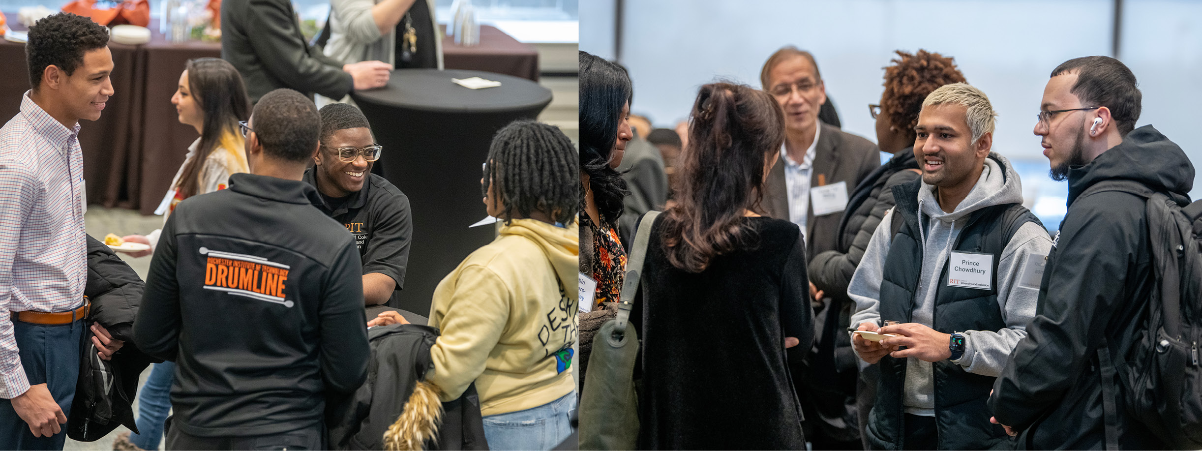 two group photos of people talking