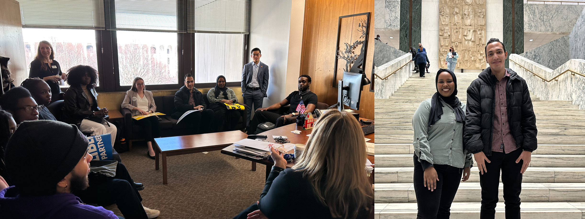 two photos: Left side - one with a group of people sitting around talking, right: two people standing on stairs