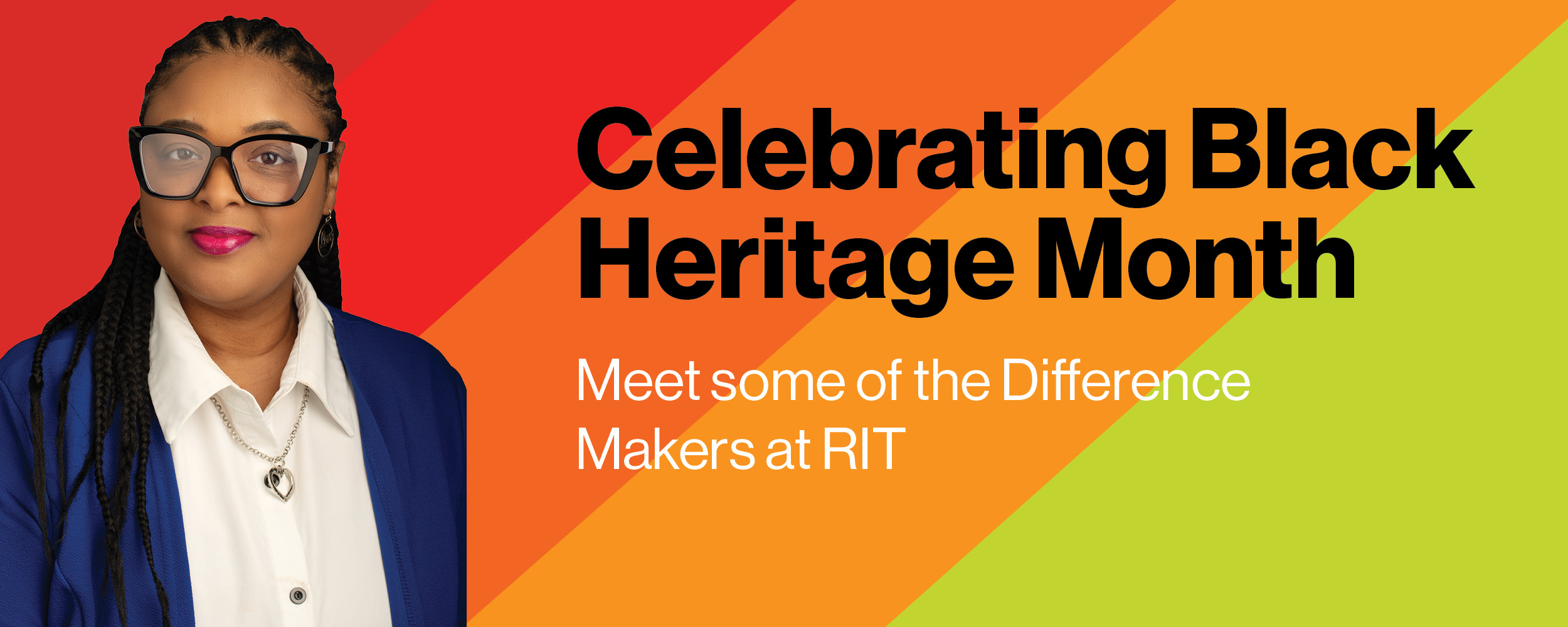 red, orange and green banner with headshot of black women with black and white text