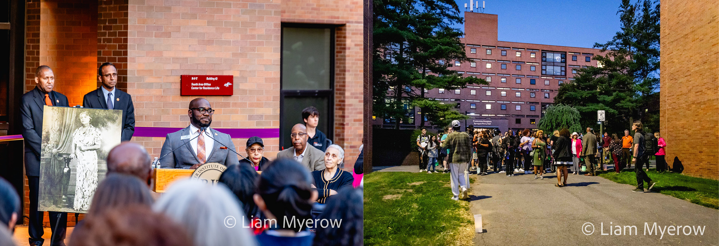 two photos of people outside at a ceremony