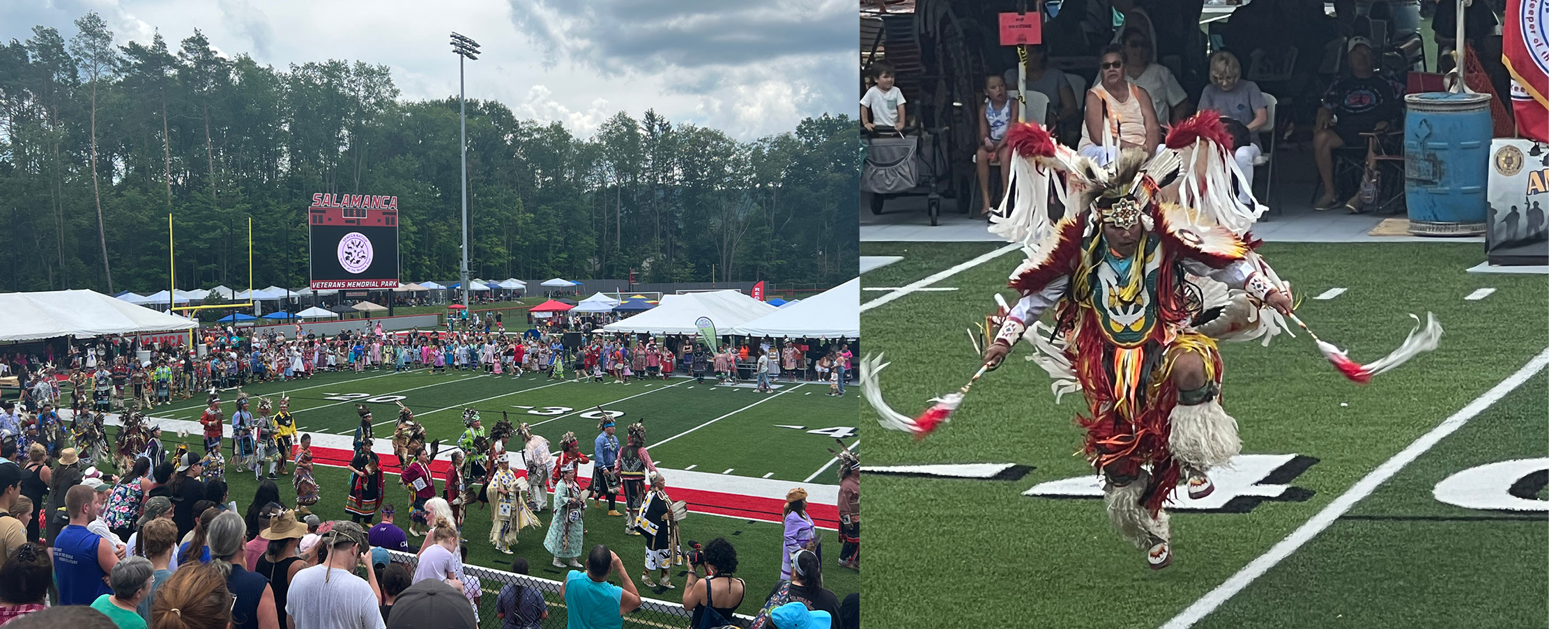 two photos of people on football field