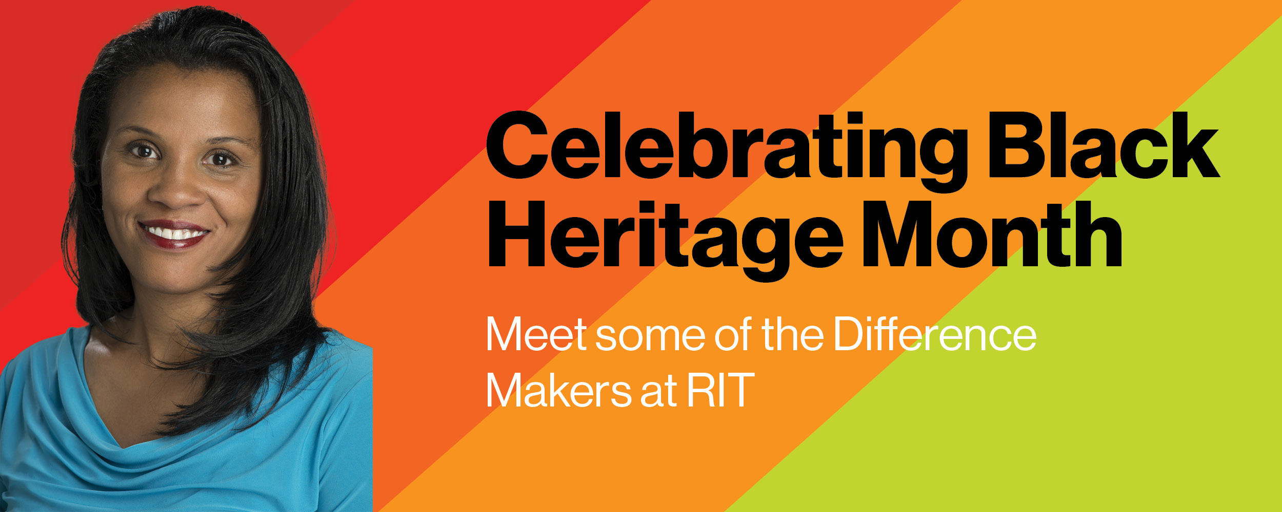 red, orange and green banner with headshot of black women with black and white text