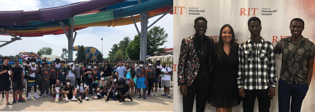 group photo of students at Darien Lake on left and three students with Maria Vega on right