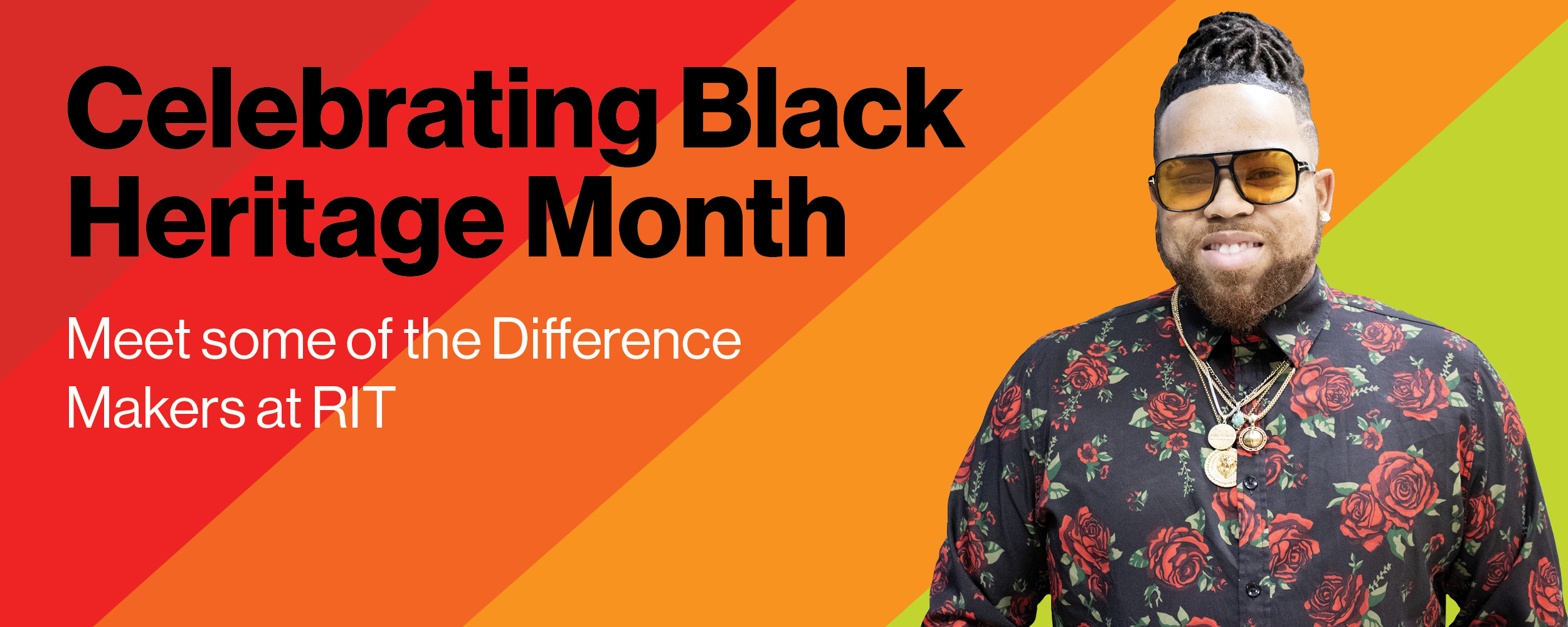 red, orange and green banner with headshot of black man with black and white text