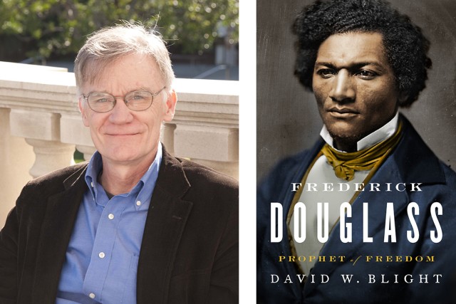 On the left is a headshot of David blight. On the right is the front cover of his book, featuring a portrait of Frederick Douglass.