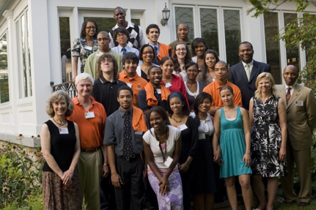 People gathered for picture outside building