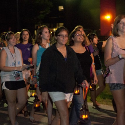 People walking down path
