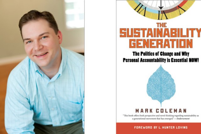 Picture of author next to book cover