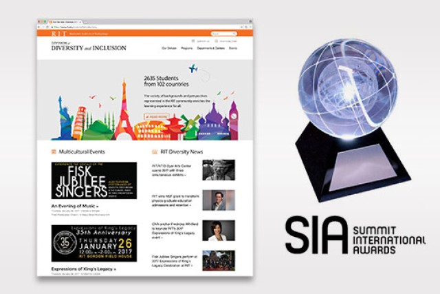 RIT Diversity and Inclusion webpage next to SIA Summit International Awards trophy