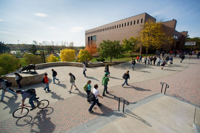 An aerial view of students walking down the quarter mile on RIT's Henrietta campus.