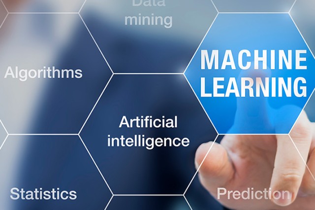 A graphic showing a hexagonal pattern with different phrases such as "statistics," "artificial intelligence," "algorithms" and "data mining." A hand is shown pointing at and touching one hexagon that reads "machine learning."