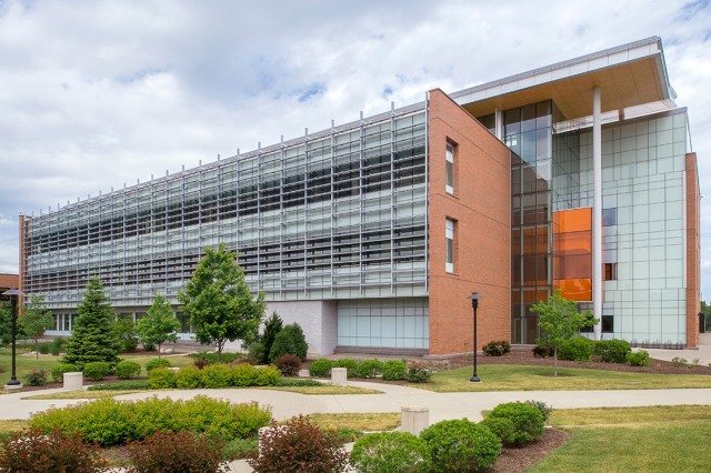 A landscape photo of the front of the Sustainability building on RIT campus.