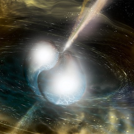 Artist’s illustration of two merging neutron stars. 