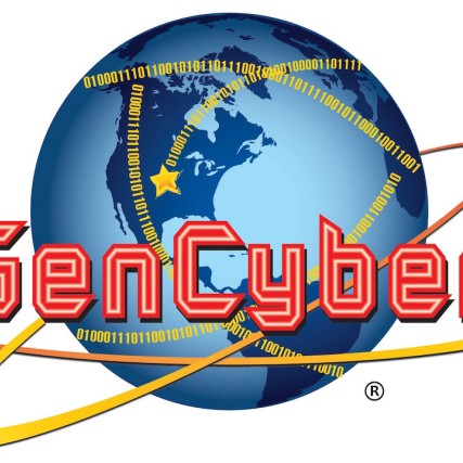 Graphic of GenCyber logo with 0s and 1s circling a globe.