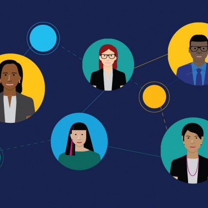 Graphic of images of people in bubbles connects by solid and dashed lines.