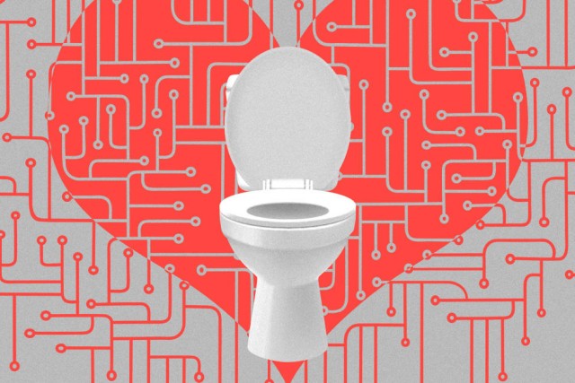 Graphic showing toilet with heart and circuits in background.