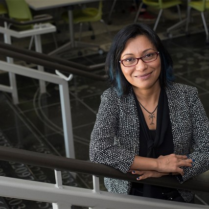 Moumita Das in lobby of College of Science.