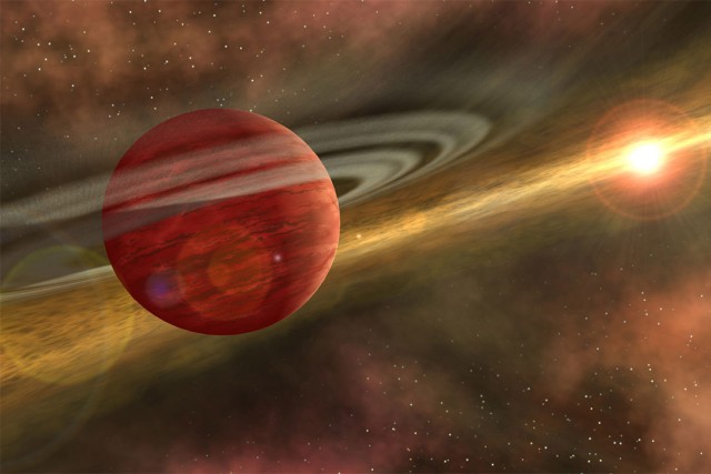 rendering of planet in space in foreground and sun in the background.