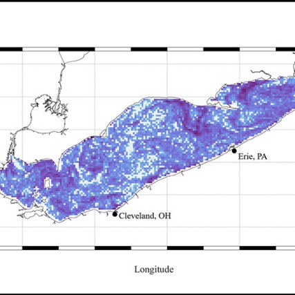 map of Lake Erie with blue dots representing concentrations of plastic pollution.