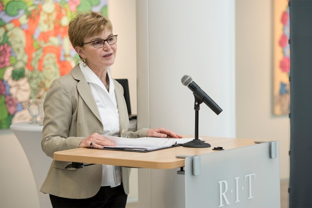 Sophia Maggelakis, dean of the College of Science, speaking at a podium