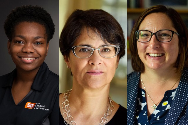 three headshots of student and two faculty members.