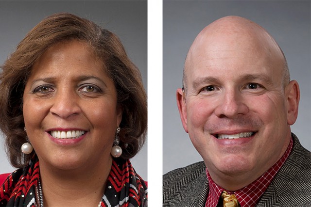 side-by-side portraits of Pamela Lloyd-Ogoke and Christopher W. Lehfeldt.