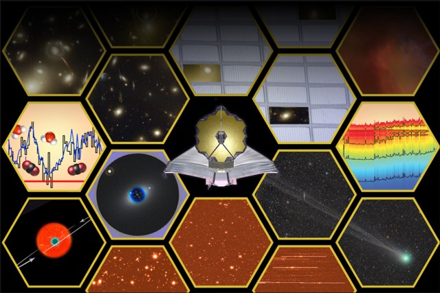 Artist’s concept of the James Webb Space Telescope’s scientific capabilities, with several hexagons showing images of spaces and different measurements.
