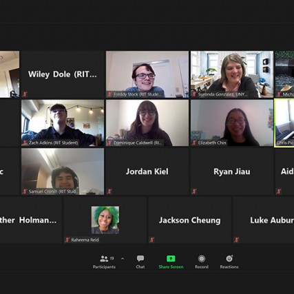 screenshot of 19 people on a Zoom videoconference call.