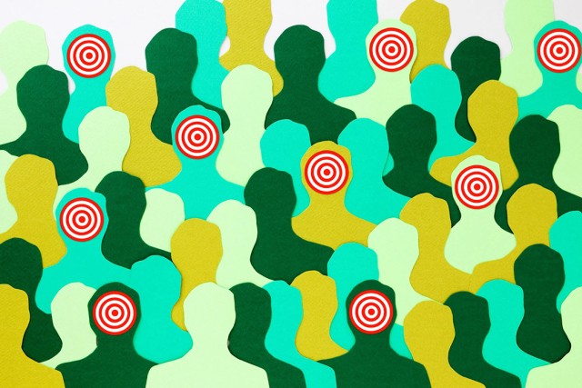 graphic of multi-colored cutouts of people, some of whom have bulls-eyes on their faces.