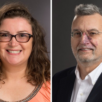 side-by-side portraits of professors Elissa Weeden and Michael McQuaid.